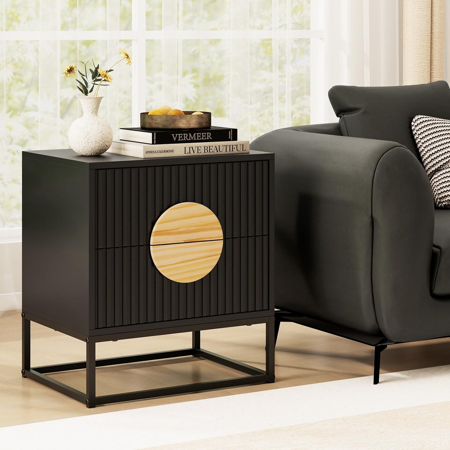 Fluted Nightstand Modern Mid Century Side Table