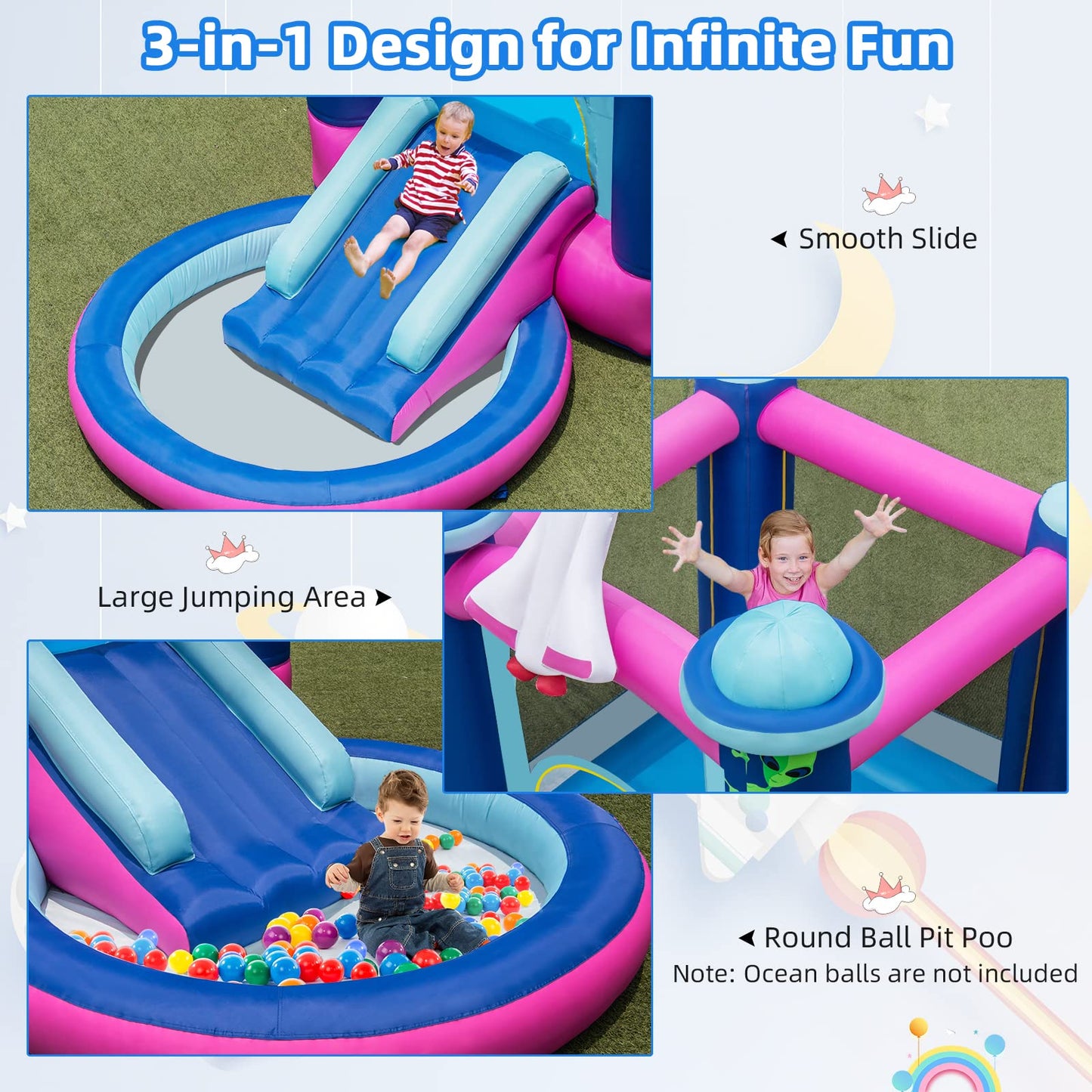 Kids Bouncy Castle with 480W Blower Splash Pool and Carrying Bag