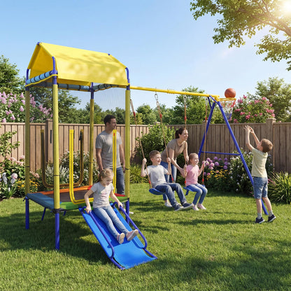 5-in-1 Kids Swing Set, Heavy-duty Metal Swing Stand with Trampoline, Roof
