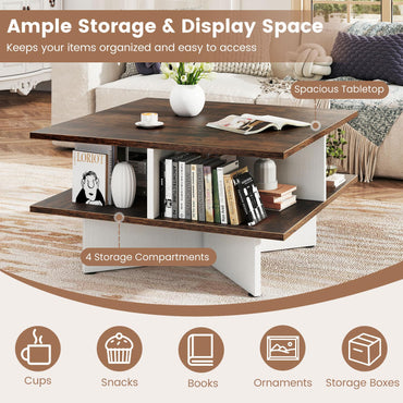 2-Tier Industrial Wooden Square Coffee Table with 4 Storage Shelves