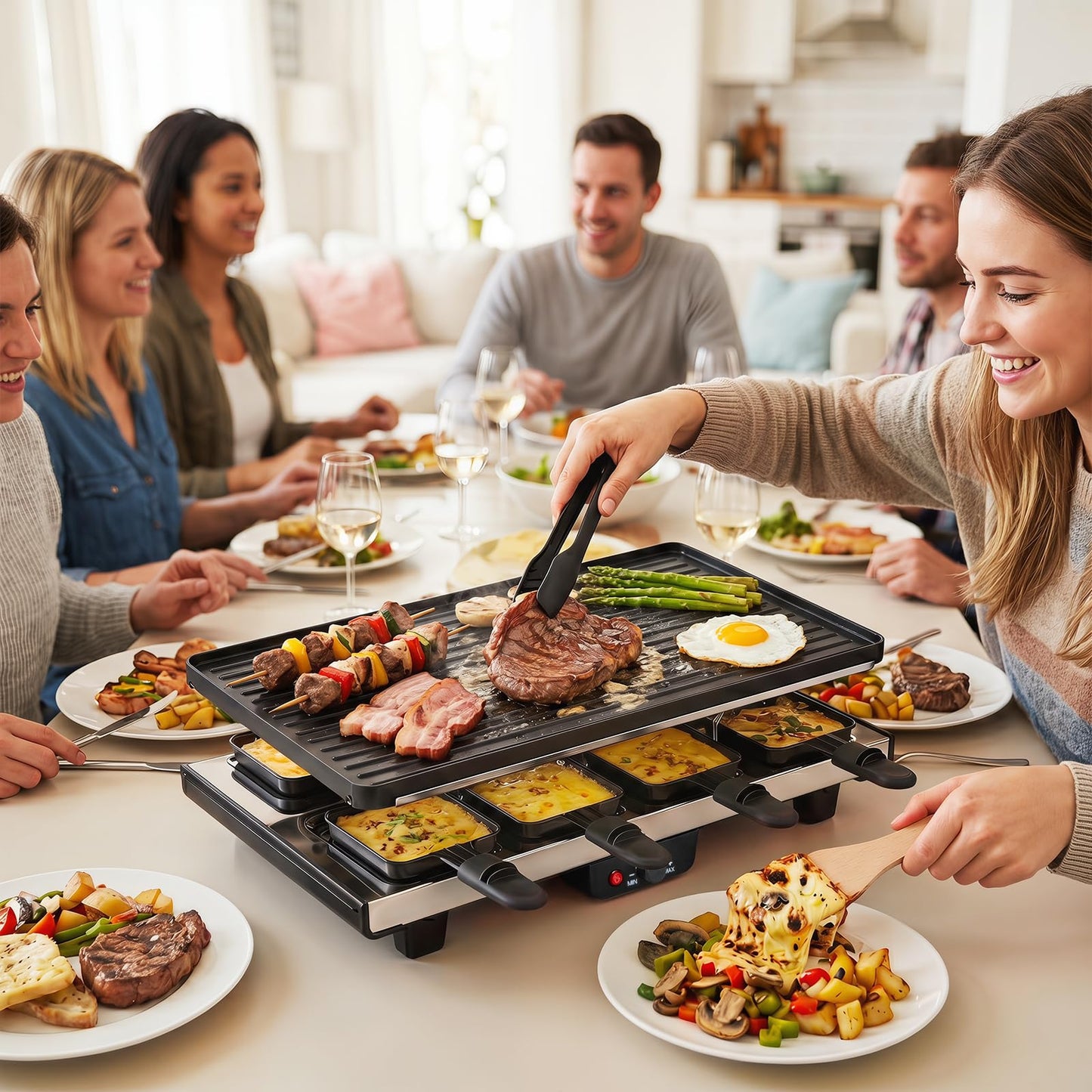 2 in 1 reversible non-stick griddle plate, 8 pans, 8 wooden spatulas, tong, adjustable temperature, indoor party cooking