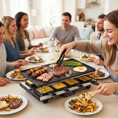2 in 1 reversible non-stick griddle plate, 8 pans, 8 wooden spatulas, tong, adjustable temperature, indoor party cooking