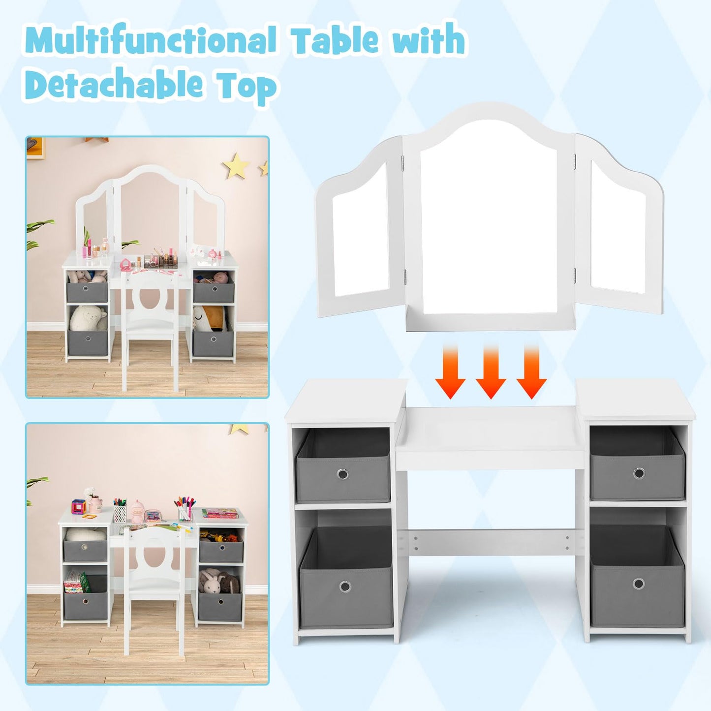 Kids Vanity Desk and Chair 2 in 1 Toddler Makeup Pretend Play Table