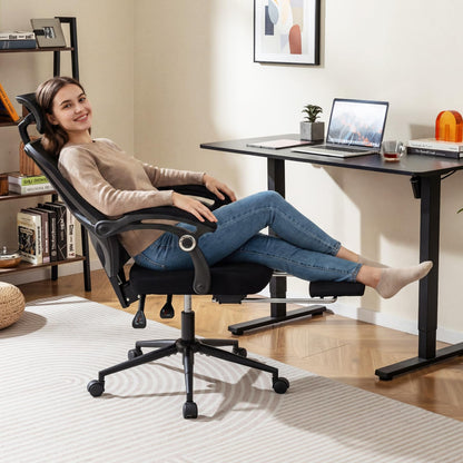 Ergonomic Mesh Office Chair with 2D Headrest and Retractable Footrest