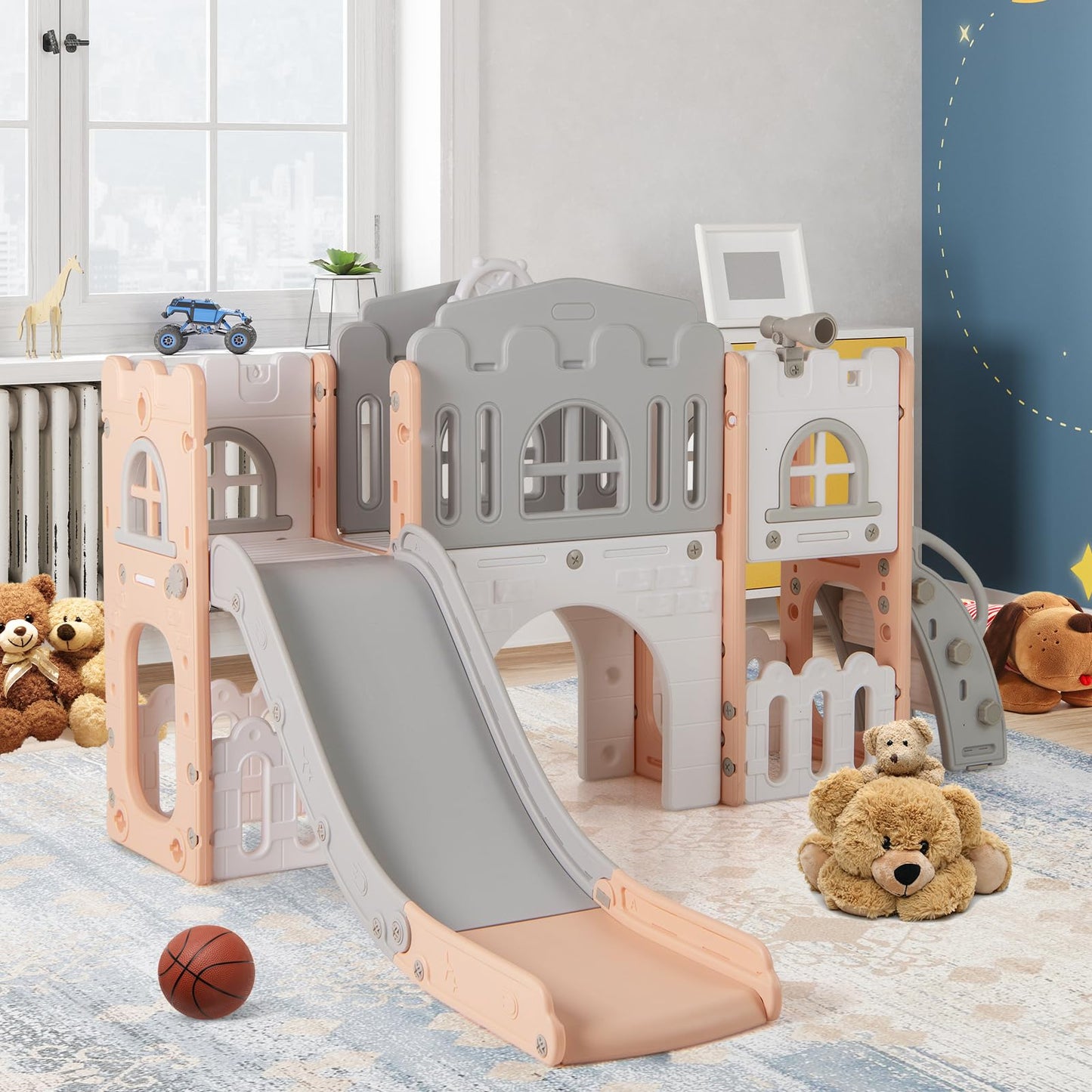 All in 1 Toddler Slide Playset Freestanding Kids Slide with Tunnel