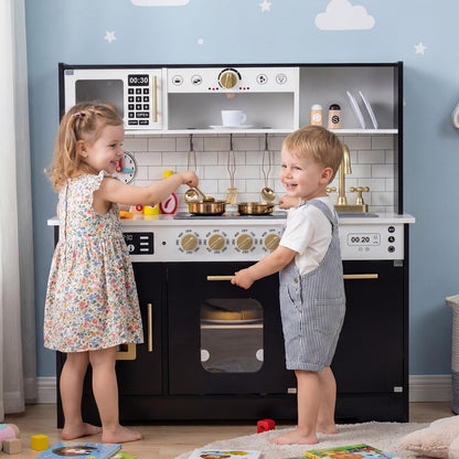 Kids Play Kitchen, Wooden Pretend Toy Kitchen with Realistic Lights & Sounds