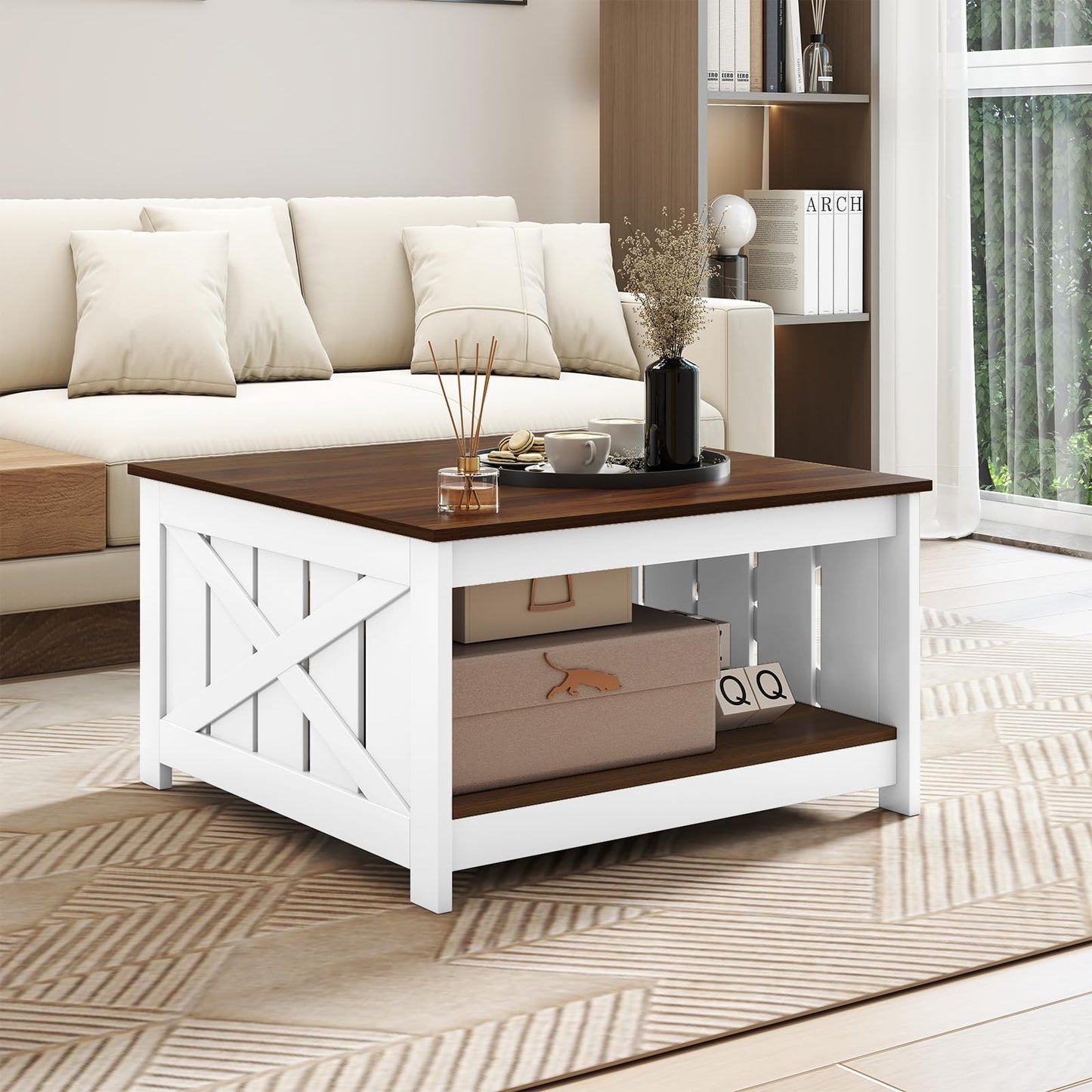 Farmhouse Coffee Table with Storage Shelf and Open Compartment