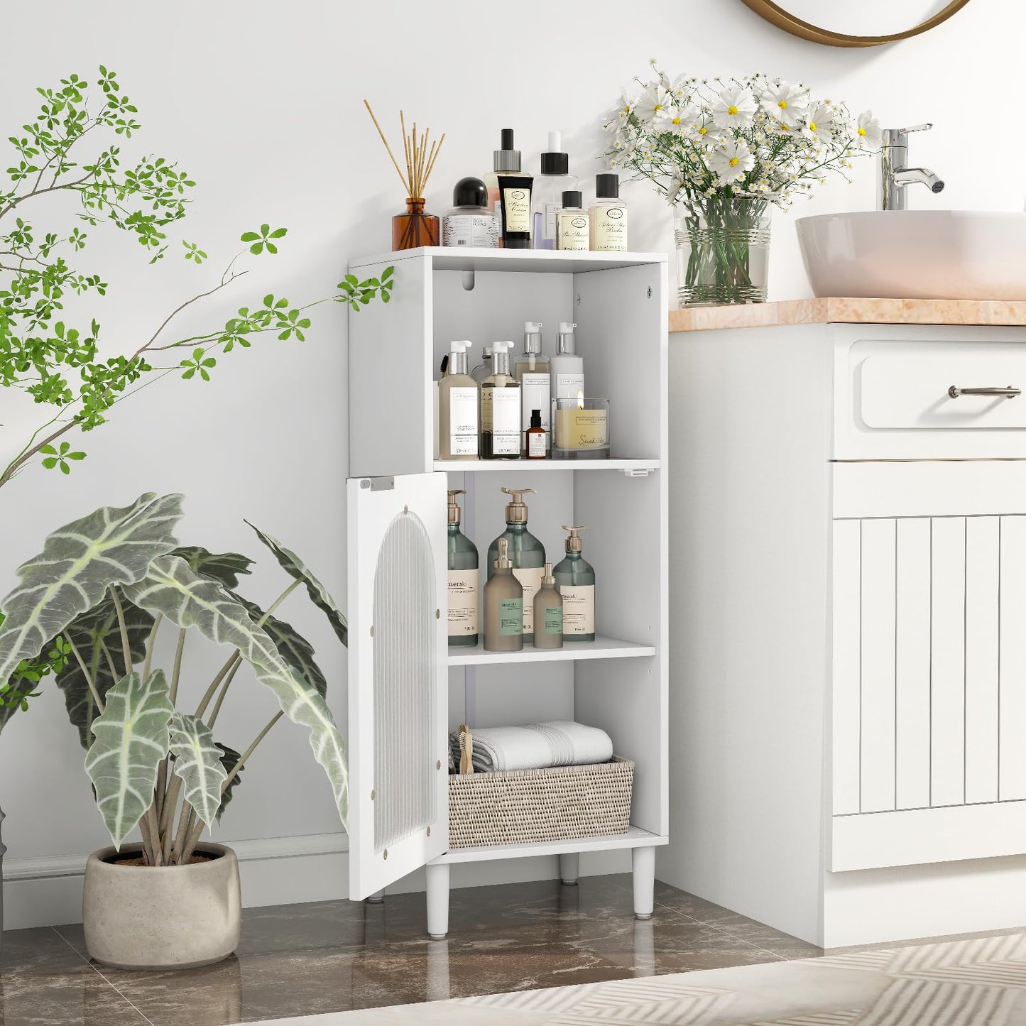 Bathroom Floor Cabinet, Freestanding Storage Cupboard with Tempered Glass Door