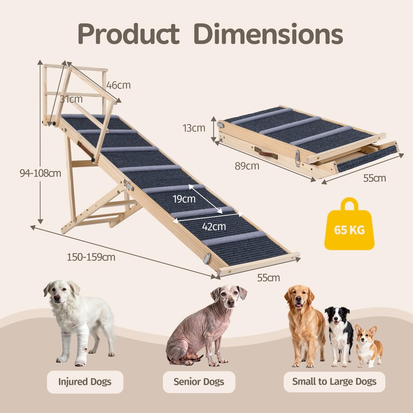 Wooden Pet Ramp, Foldable Dog Car Ladder with 6-level Adjustable Heights