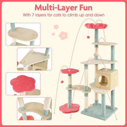 Multi-Level Aesthetic Floral Kitten Tower with Flower-Shaped Padded Perch