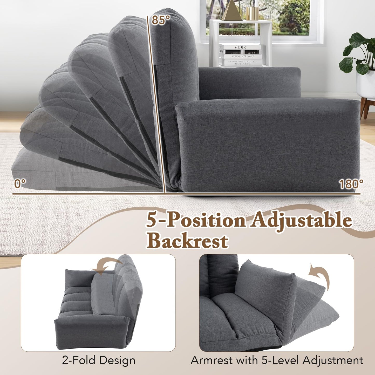 Foldable Floor Sofa with 5-Position Adjustable Backrest and Arms