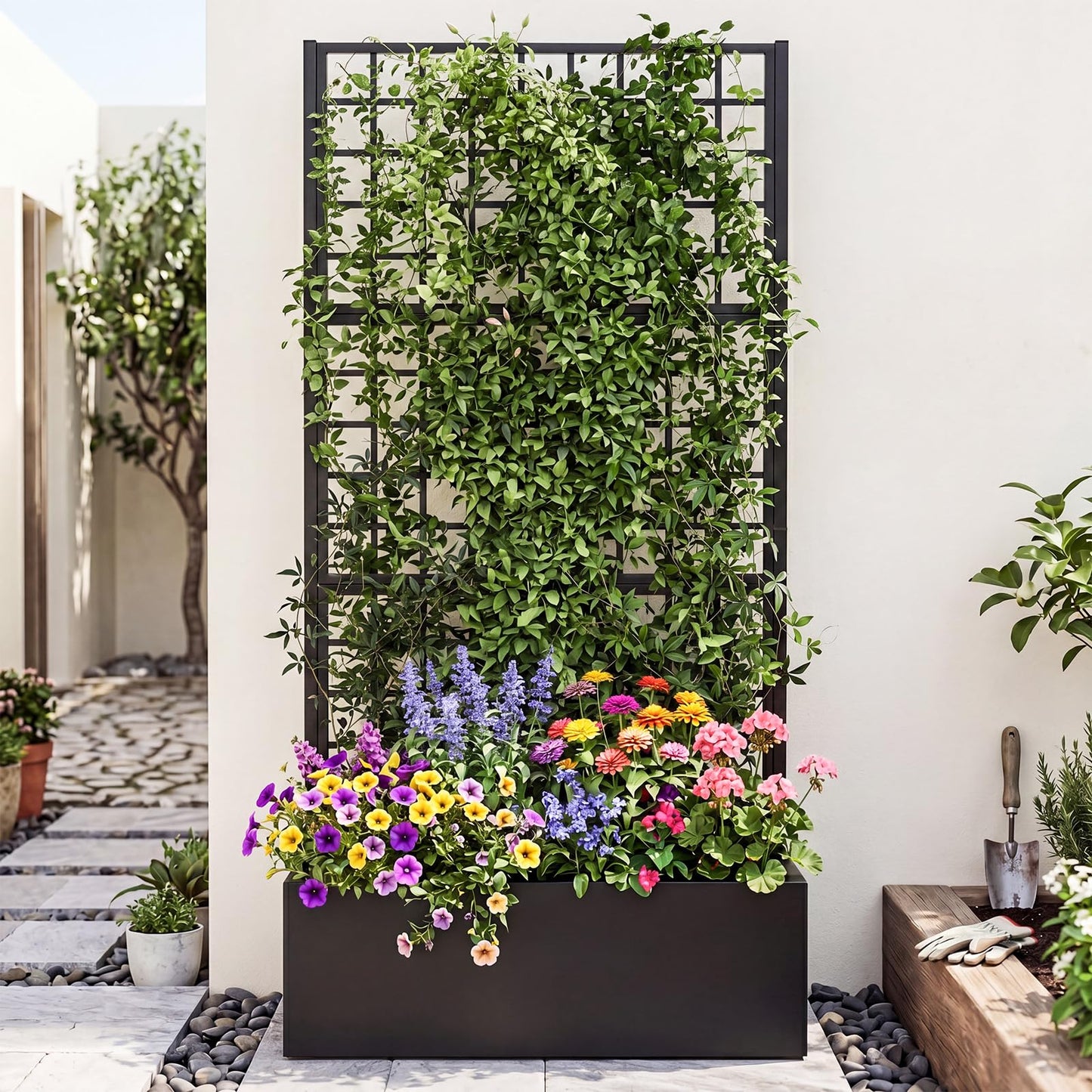 Garden Planter with Trellis, Metal Trough Grow Box with Drainage Holes