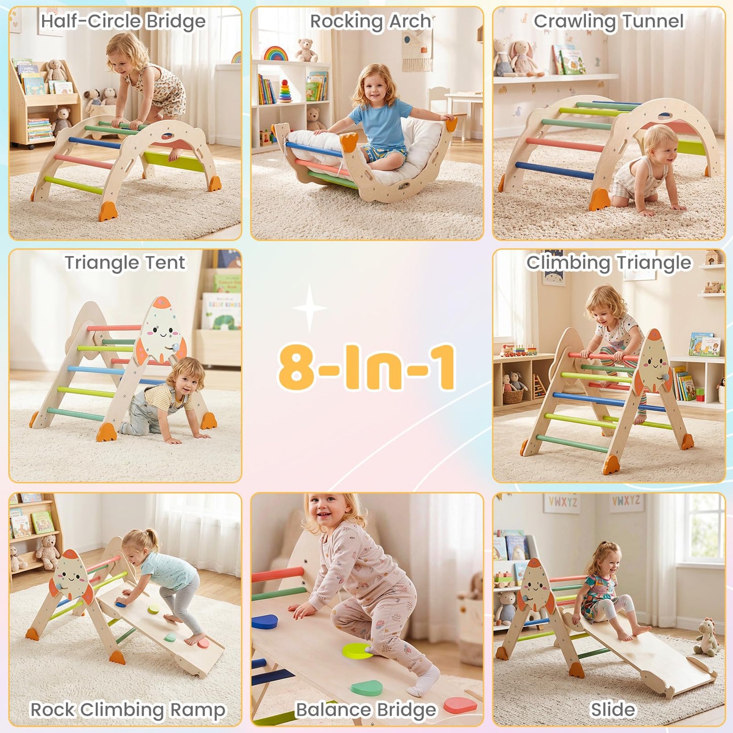 Toddler Climbing Frame, 8-in-1 Wooden Kids Climber with Arch