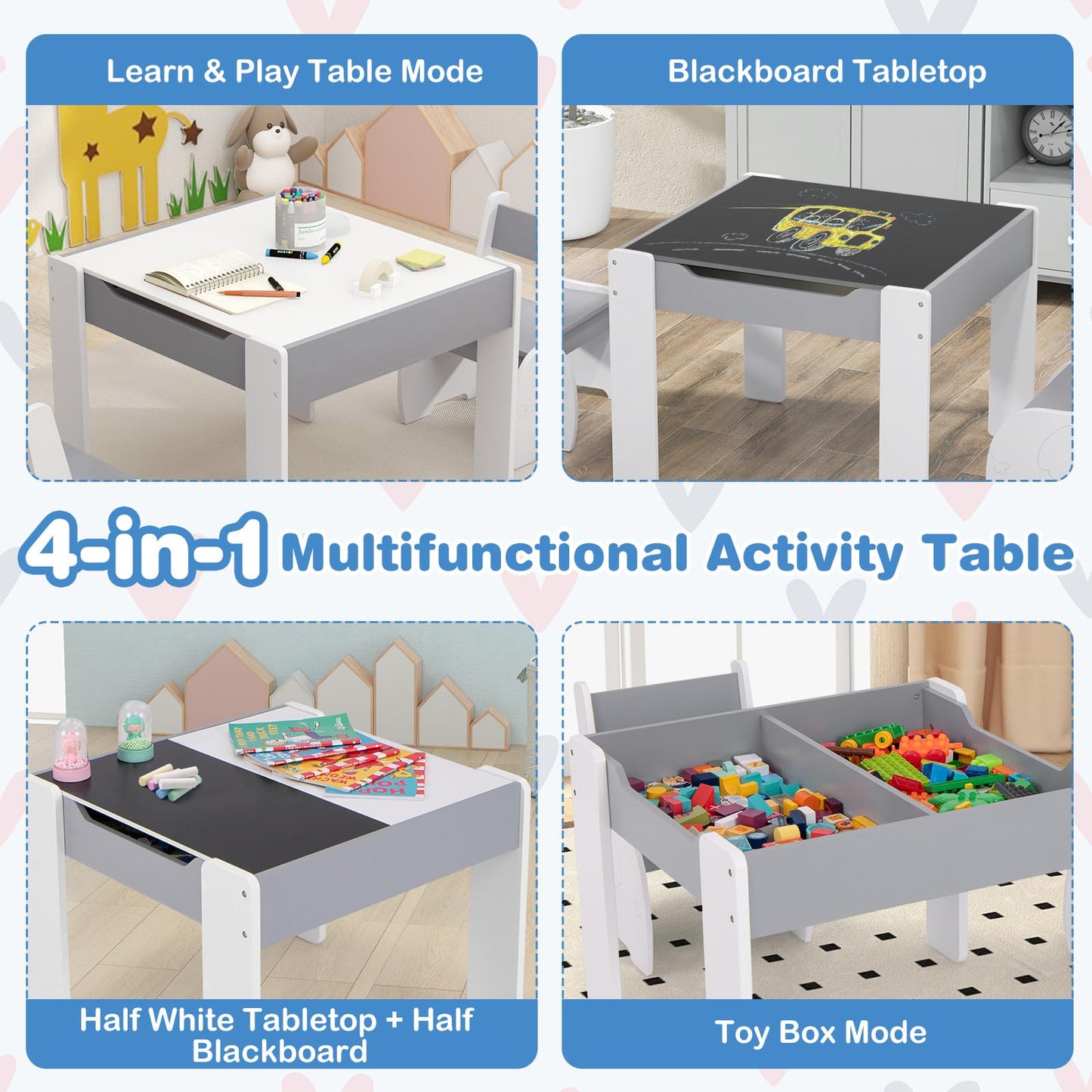 Wooden Kids Table and Chair Set with Hidden Storage