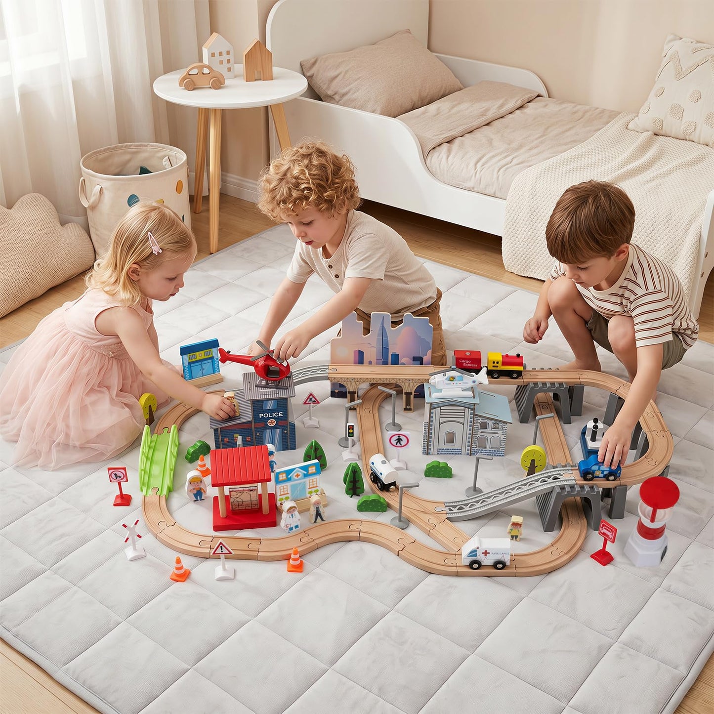 Wooden Train Track Set, 3-in-1 Kids Activity Table