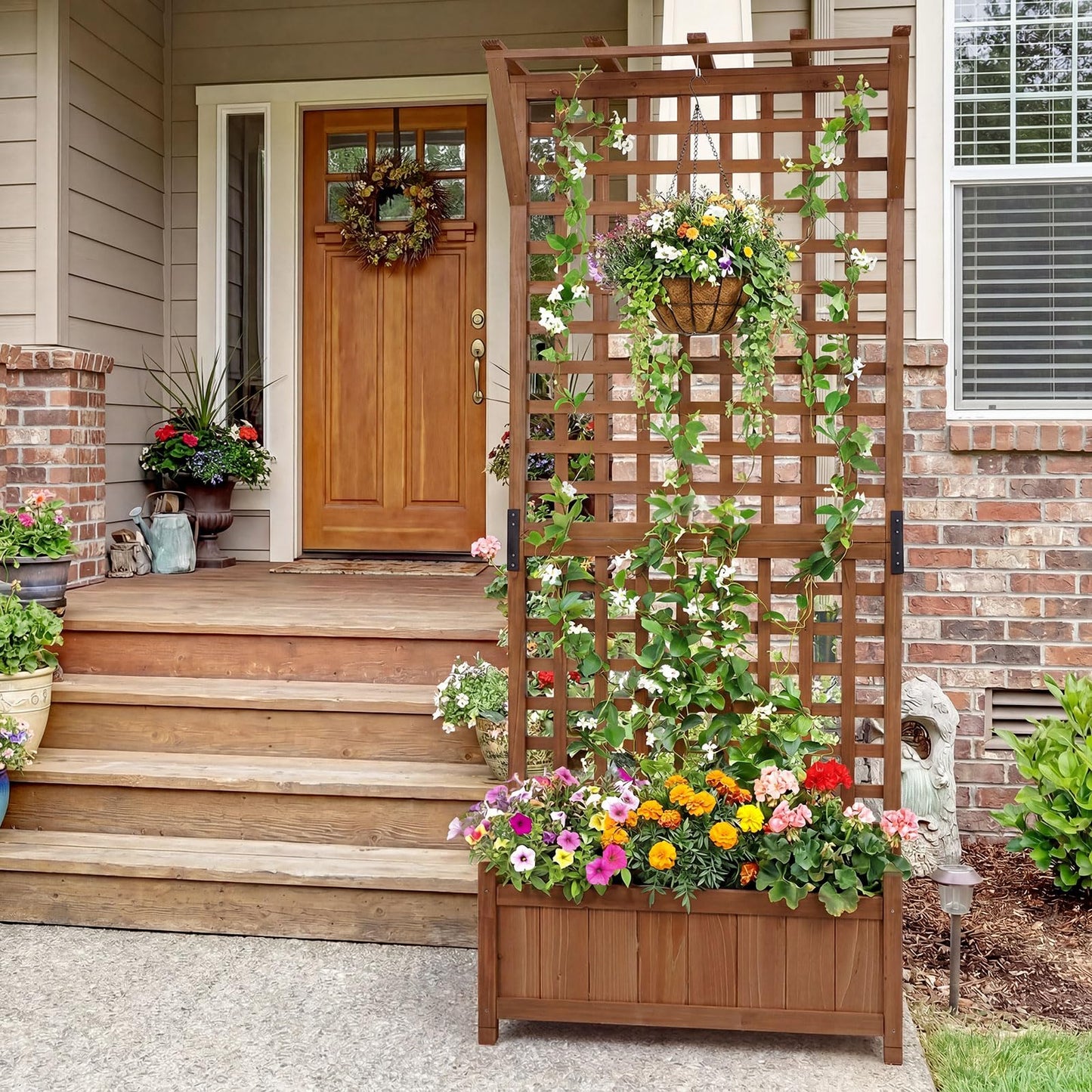 Raised Garden Bed with Trellis, Wooden Trough Planter, Outdoor Garden Weather-Resistant Plant Rack for Vines