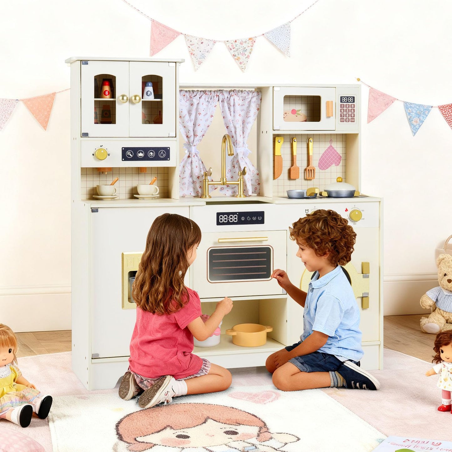Kids Wooden Kitchen, Pretend Play Kitchen with Stoves