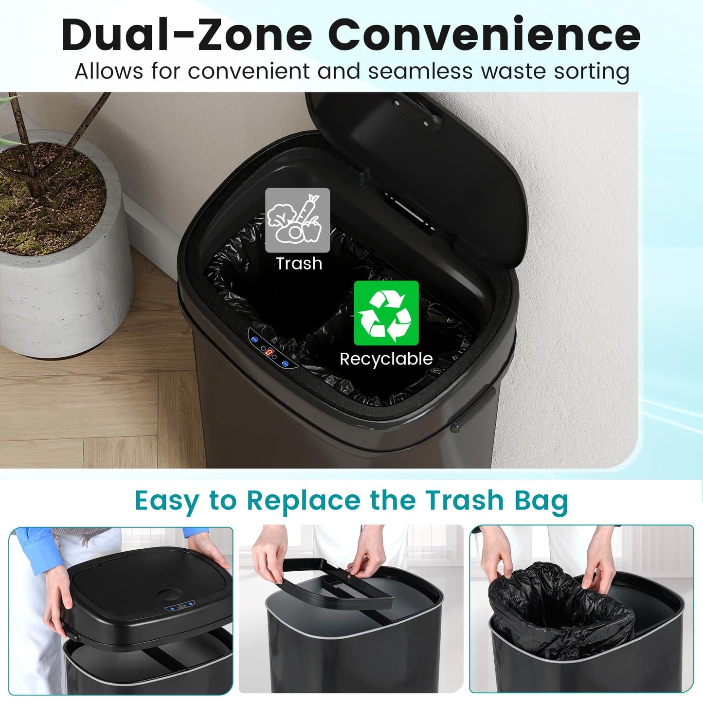 58L/68L Automatic Kitchen Bin, Dual-Zone Touchless Infrared Motion Sensor Waste Bin