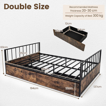 4FT6 Double Metal Bed Frame with 2 Storage Drawers, Headboard & Footboard