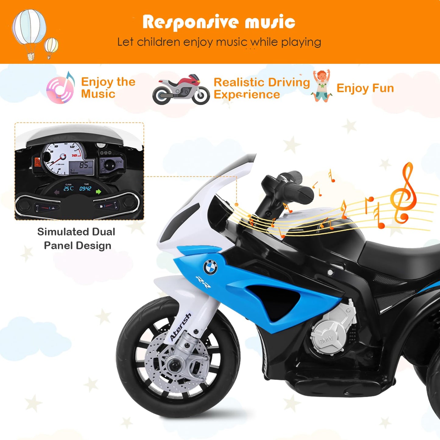 6V Kids Ride on Motorcycle with Training Wheels and Head Light