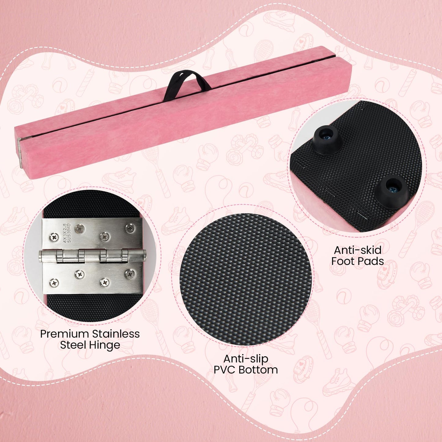 270CM Folding Balance Beam with Solid Wood Base and Anti-slip Bottom