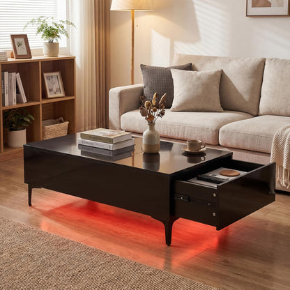 Lift Up Top Coffee Table with LED Lights, High Gloss Lifting Cocktail Center Table