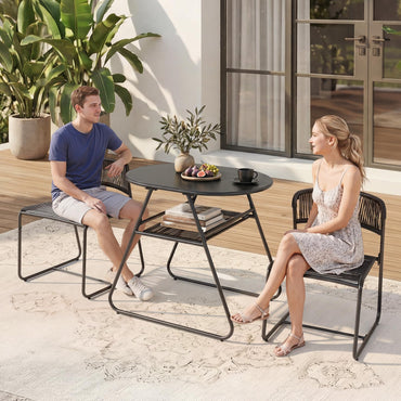 3 Piece Patio Bistro Set, Outdoor Dining Table with 2 Varied-Size Stackable Rattan Chairs & Shelf