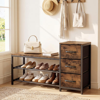 Industrial Shoe Bench with 3 Removable Drawers and Anti-Toppling Kits for Entryway