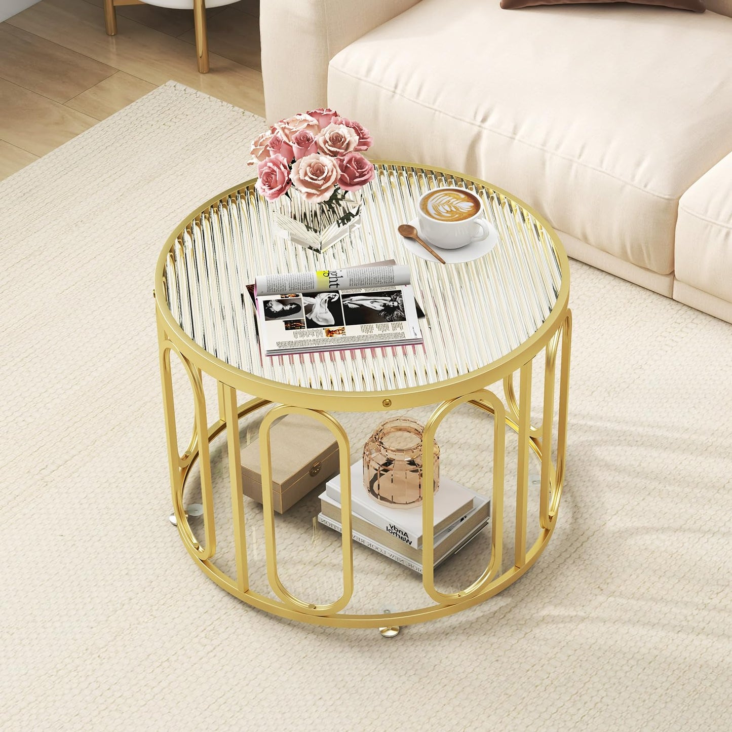 24 Inch Round Coffee Table with Reeded Tempered Glass Top