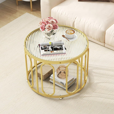 24 Inch Round Coffee Table with Reeded Tempered Glass Top