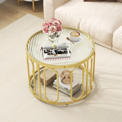 24 Inch Round Coffee Table with Reeded Tempered Glass Top