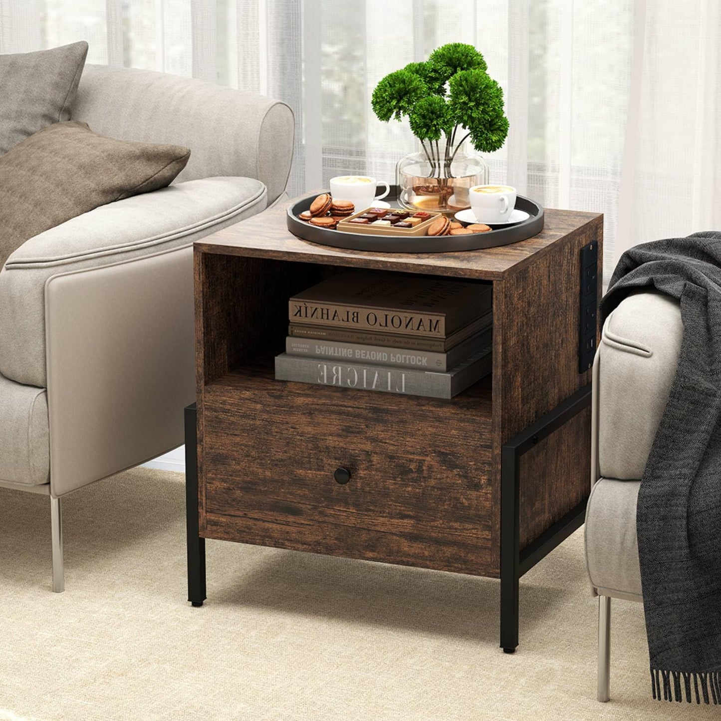 Nightstand with Charging Station 3-Tier Bedside Table with Drawer