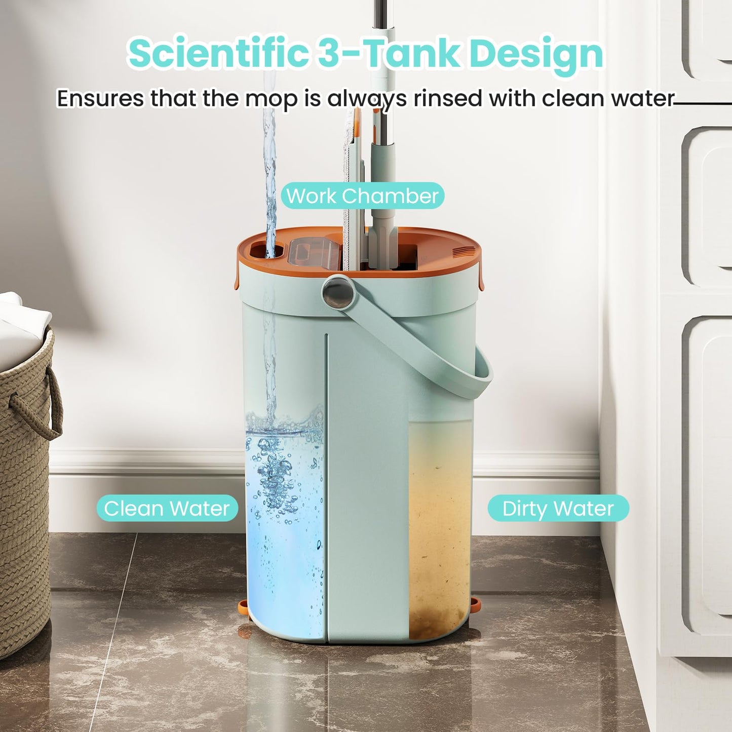 Mop and Bucket Set with Wringer 3-Tank Flat Floor Mop & Bucket System