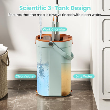 Mop and Bucket Set with Wringer 3-Tank Flat Floor Mop & Bucket System