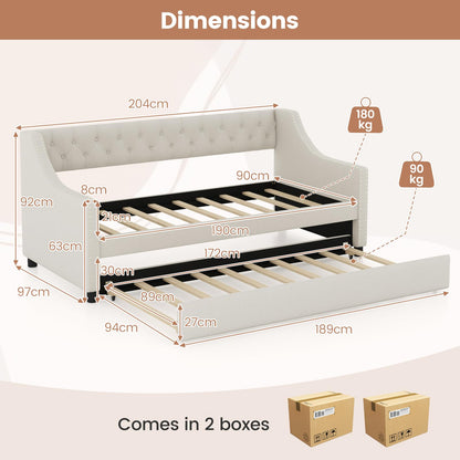 Single Size Trundle Bed Linen Upholstered Daybed with Backrest