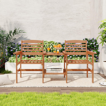 2-Seater Wooden Bench Seat with 2 Tier Coffee Table and Umbrella Hole