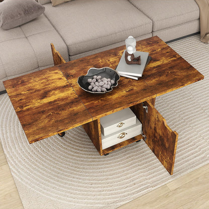 120cm Extendable and Foldable Coffee Table with Storage Cabinet and Wheels