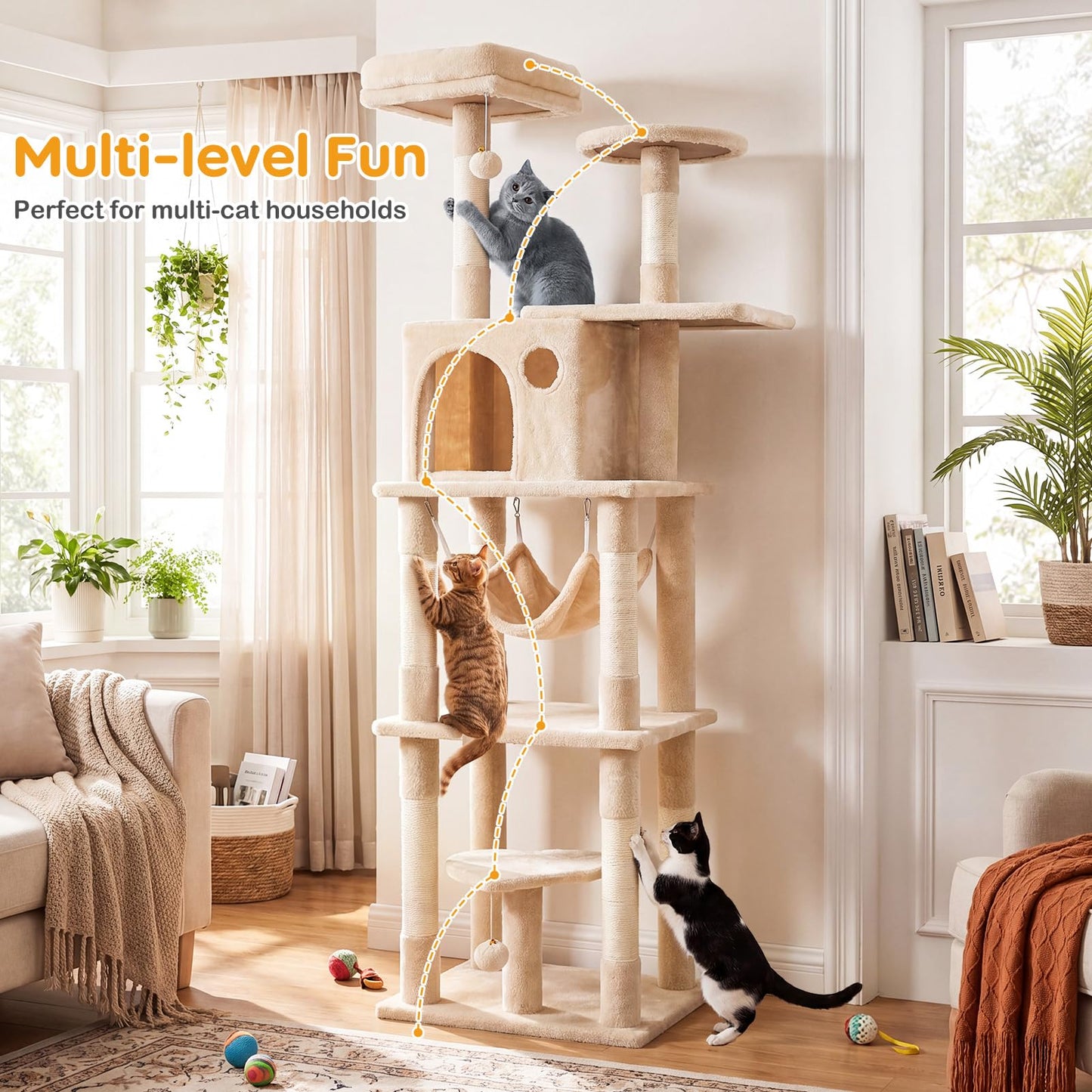 Cat Tree, 168cm Tall Modern Cats Tower with 2 Perches, Hammock, Condo