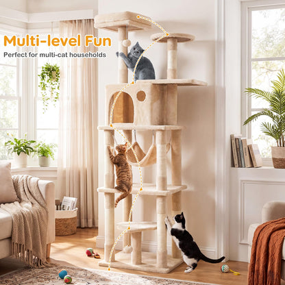 Cat Tree, 168cm Tall Modern Cats Tower with 2 Perches, Hammock, Condo