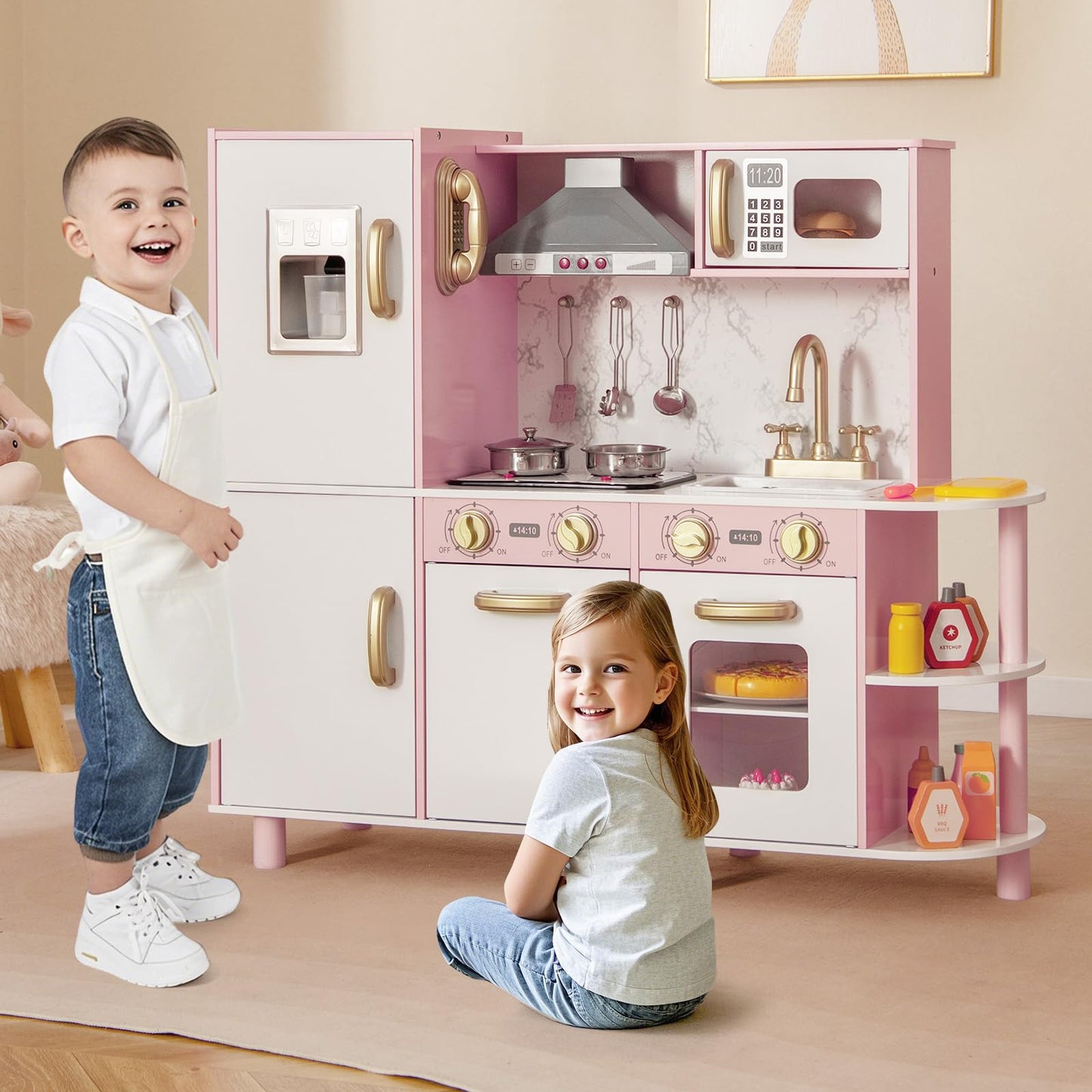 Kids Kitchen Playset Pretend Wooden Play Kitchen with Apron for 3+ Years Old