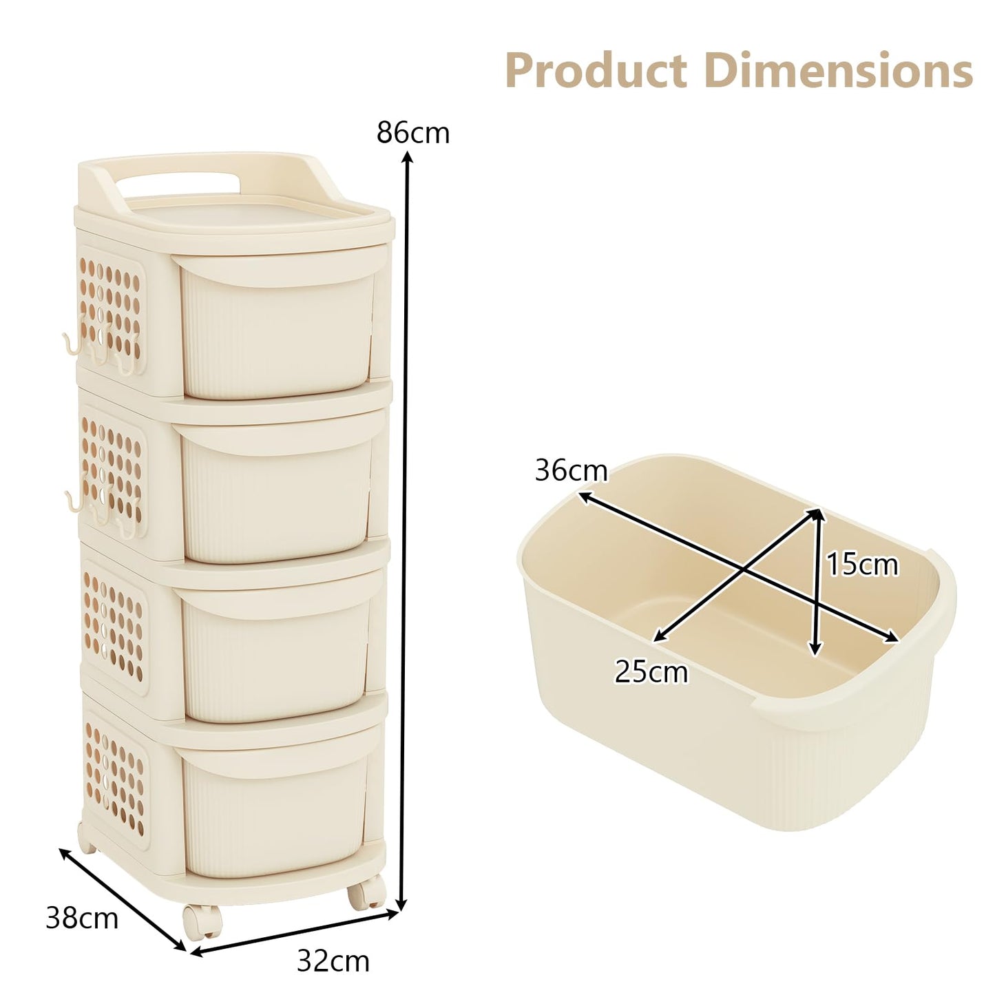 4-Drawer Rolling Plastic Utility Cart with 6 Hooks and Pegboard