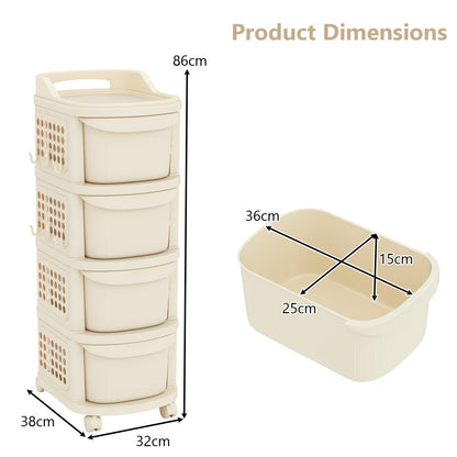 4-Drawer Rolling Plastic Utility Cart with 6 Hooks and Pegboard
