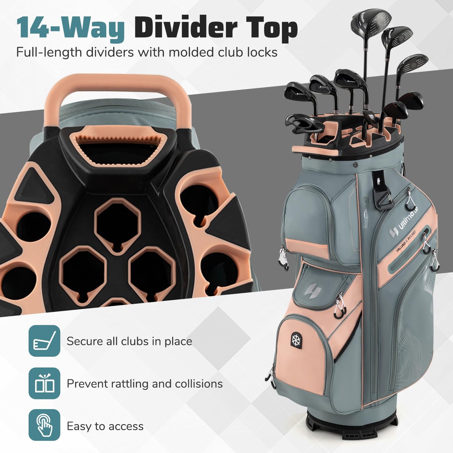 Golf Cart Bag Molded Lock Top Golf Bag with 14-Way Full Length Dividers