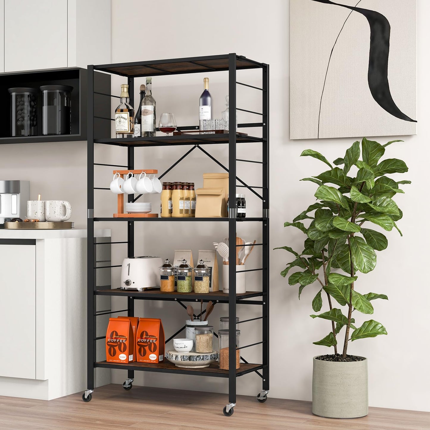 GiantexUK 3/4/5-Tier Storage Cart, Foldable Metal Frame Shelving Unit with Wheels, Adjustable Shelves & Anti-Tipping Device
