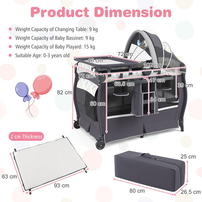 5 in 1 Portable Pack and Play with Bassinet and Mattress