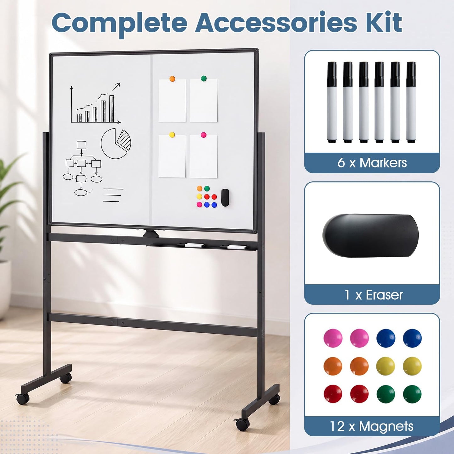 Double Sided Magnetic Whiteboard, Mobile Reversible Dry Erase Board