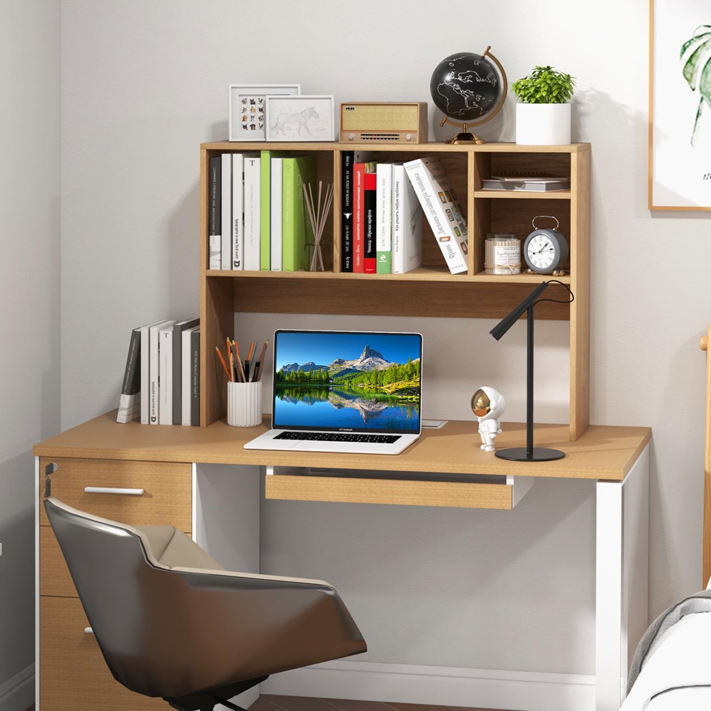 Computer Desktop Bookcase with 4 Cubbies and Open Back Compartment