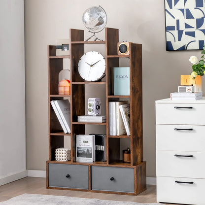 7/12-Tier Wooden Bookshelf with Folding Drawer for Study Living Room