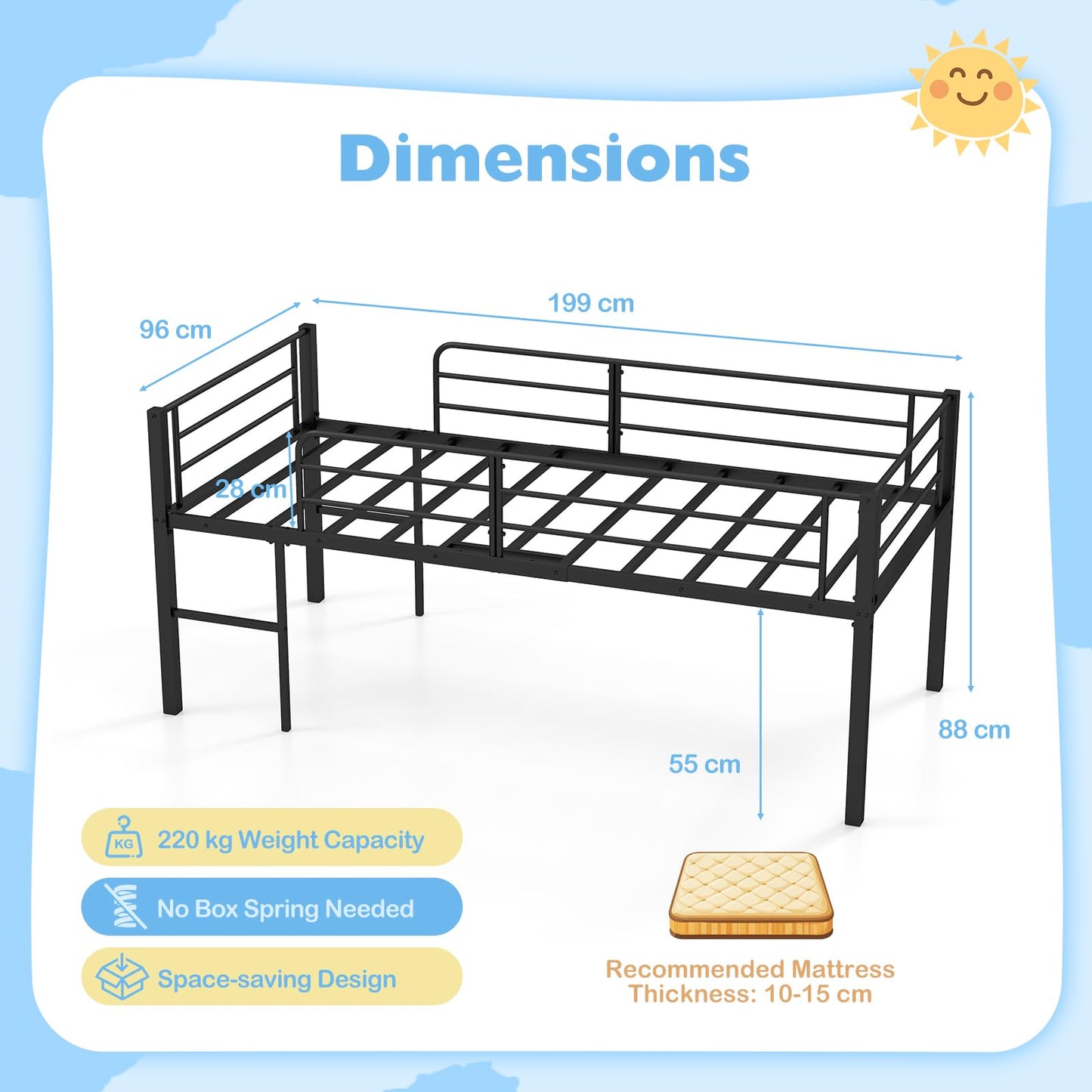 Single Size Low Loft Bed Metal Bed Frame with Safety Guardrails and 2 Ladders