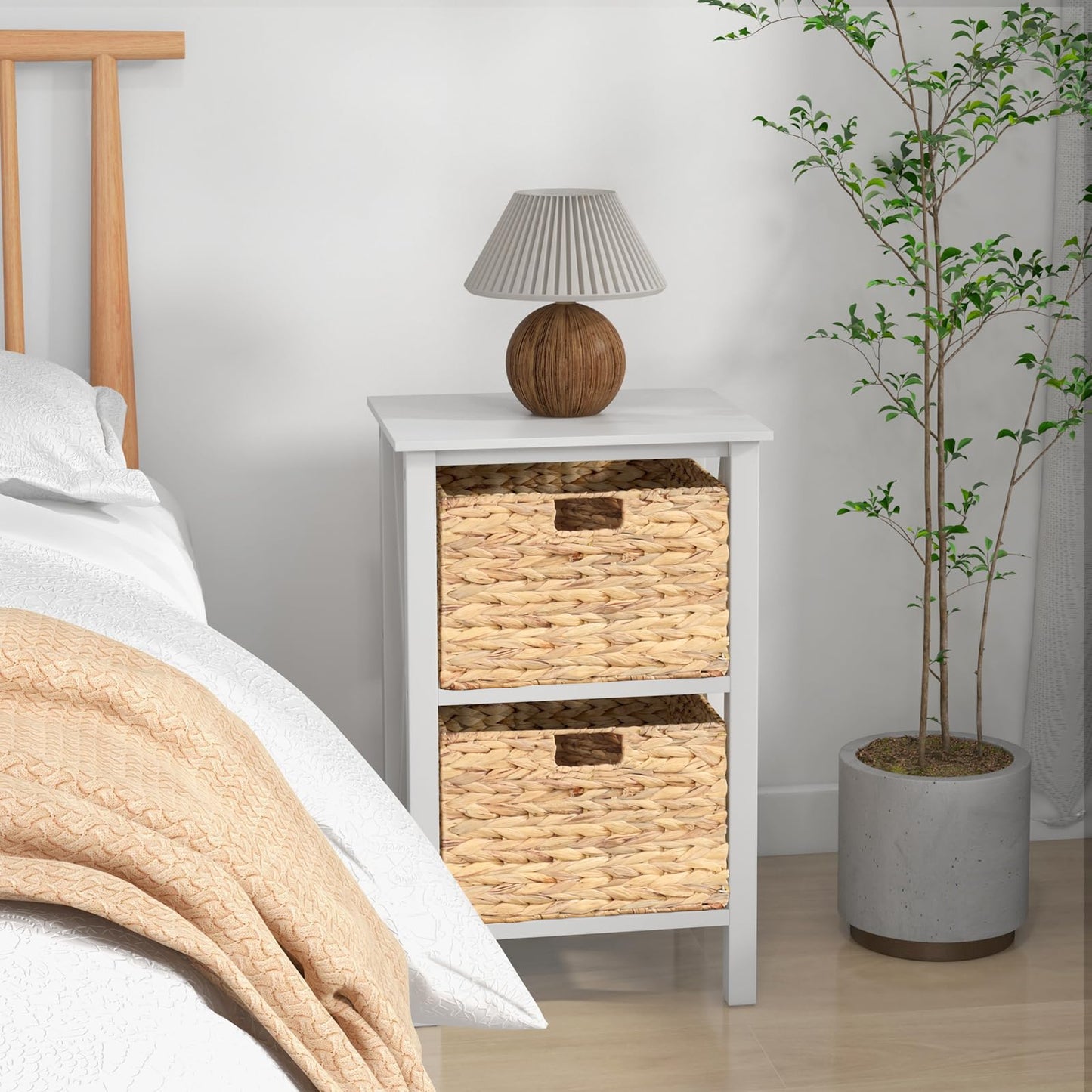Sofa Side Table with Seagrass Baskets and Rubber Wood X-Shaped Frames and Acacia Wood Legs